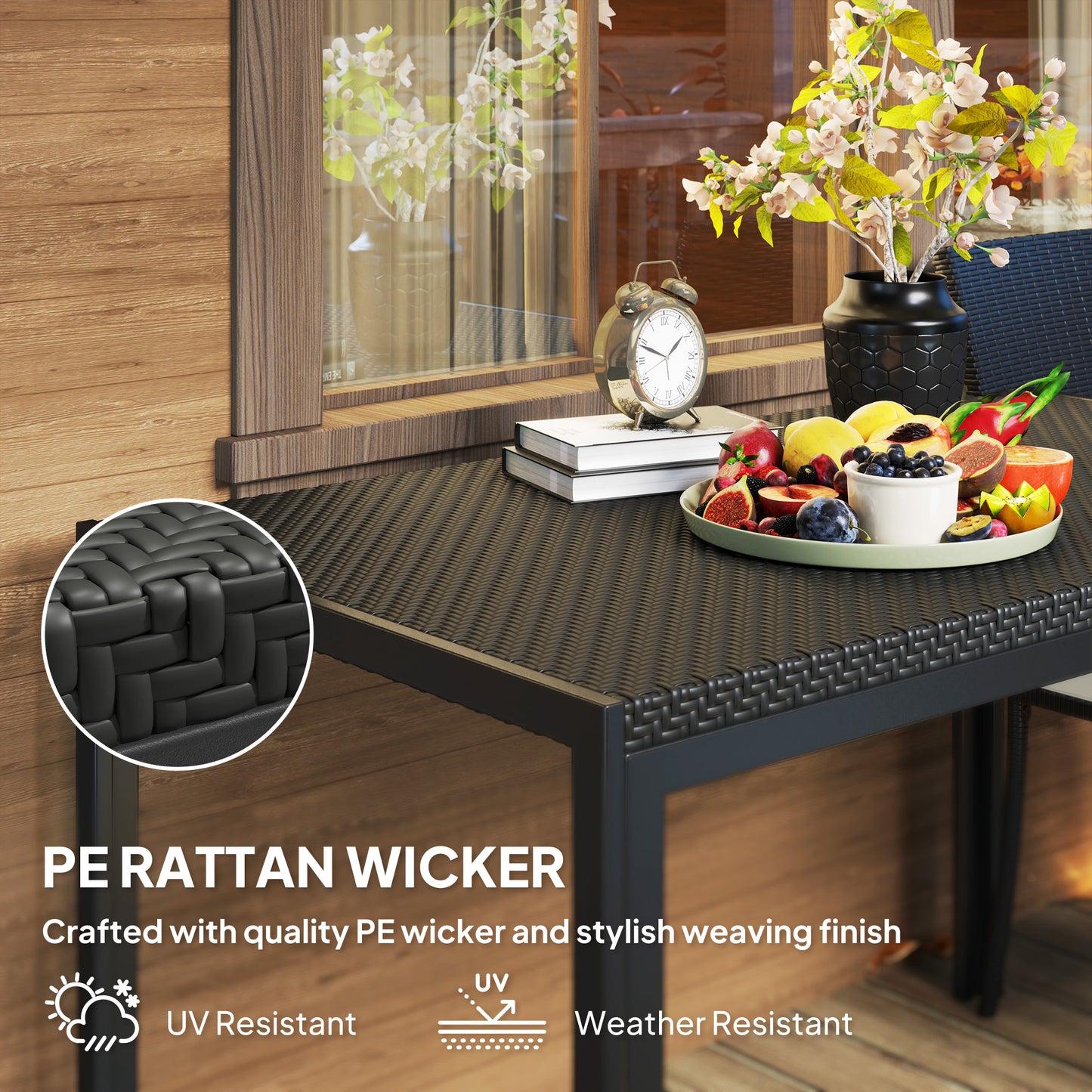 Table de patio 4 places avec plateau en rotin synthétique, noir
