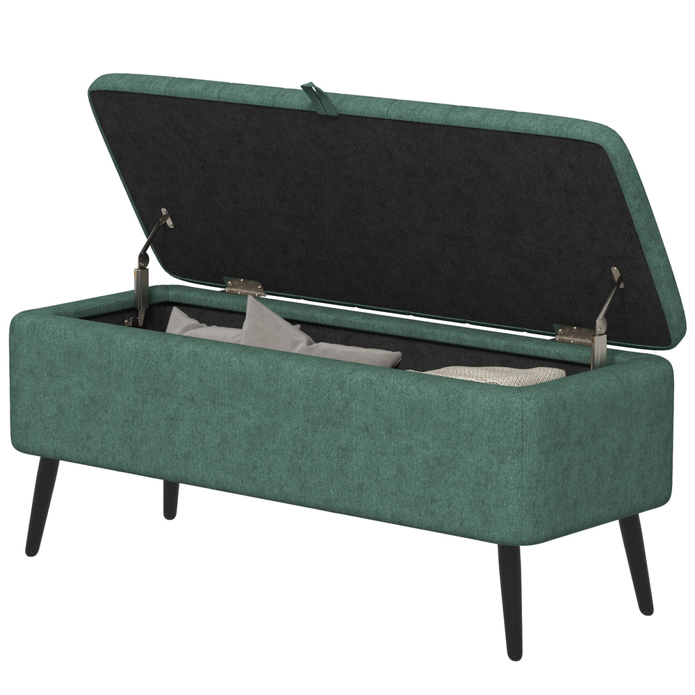 Pouf avec rangement rembourré en lin avec pieds en acier, vert foncé