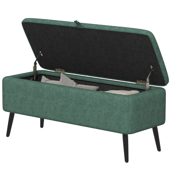 Pouf avec rangement rembourré en lin avec pieds en acier, vert foncé