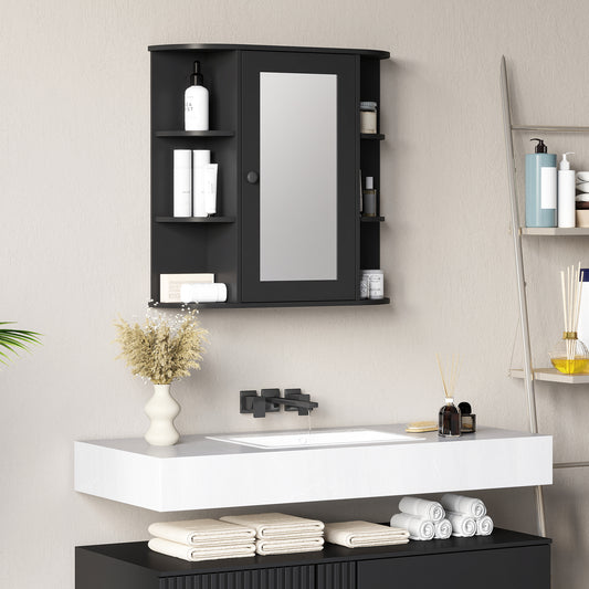Armoire de salle de bain murale avec miroir, porte et étagères, noire