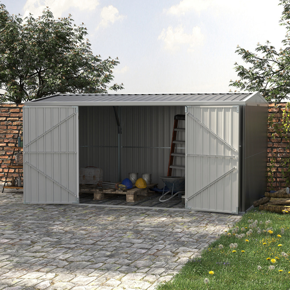 Abri de jardin en acier galvanisé 14 pi x 8 pi, avec portes verrouillables et aérations, gris