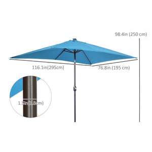 9.7-foot rectangular parasol with crank and LED lighting, turquoise
