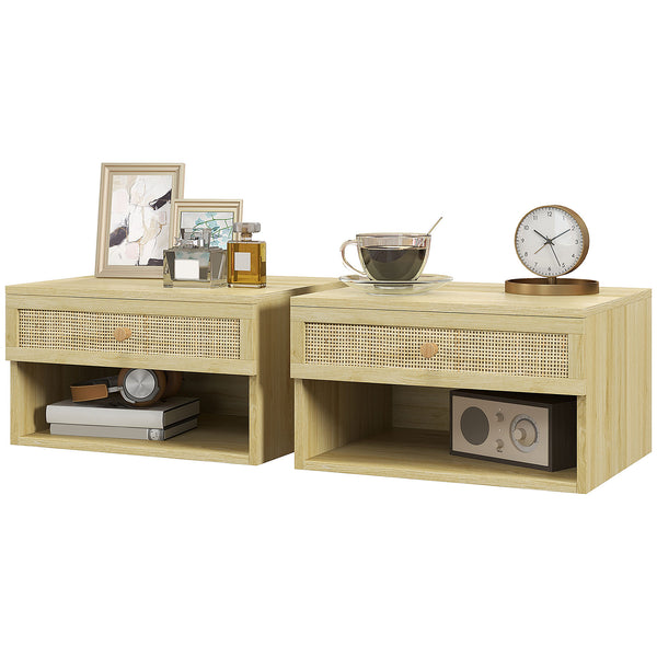 Ensemble de 2 tables de chevet murales flottantes avec tiroir en rotin – Bois naturel