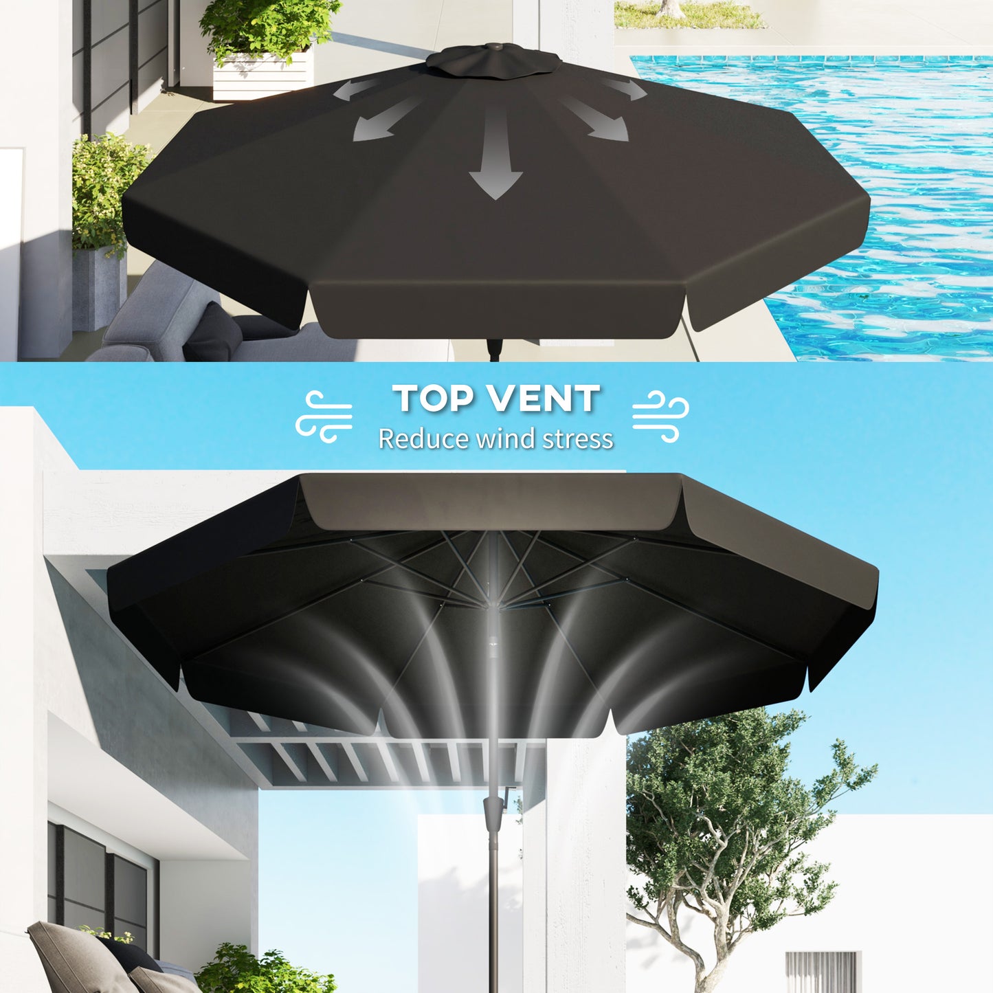 Parasol de table de 2,6 avec inclinaison et manivelle pour jardin, cour, terrasse, noir