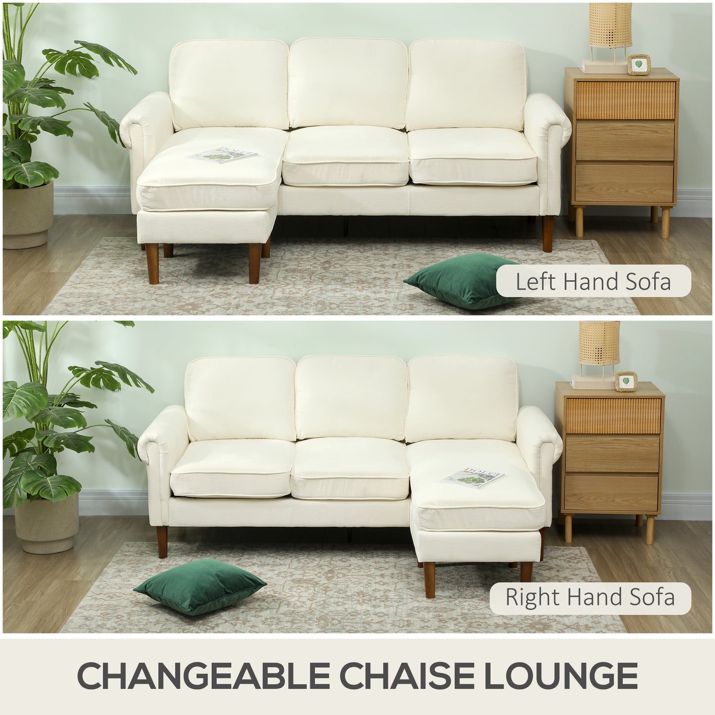 Canapé d'angle moderne avec méridienne amovible, pieds en bois, couleur crème