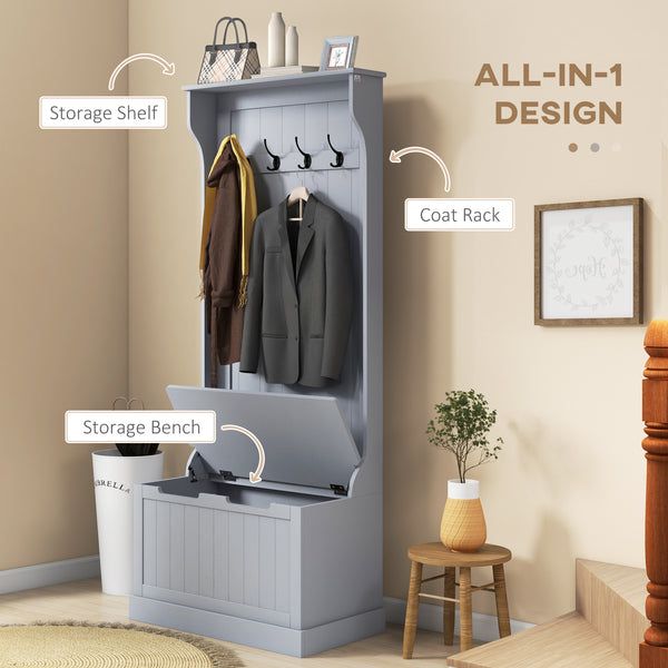 Meuble d'entrée 3 en 1 avec porte-manteaux, rangement à chaussures et banquette, crochets pour couloir, salon, gris