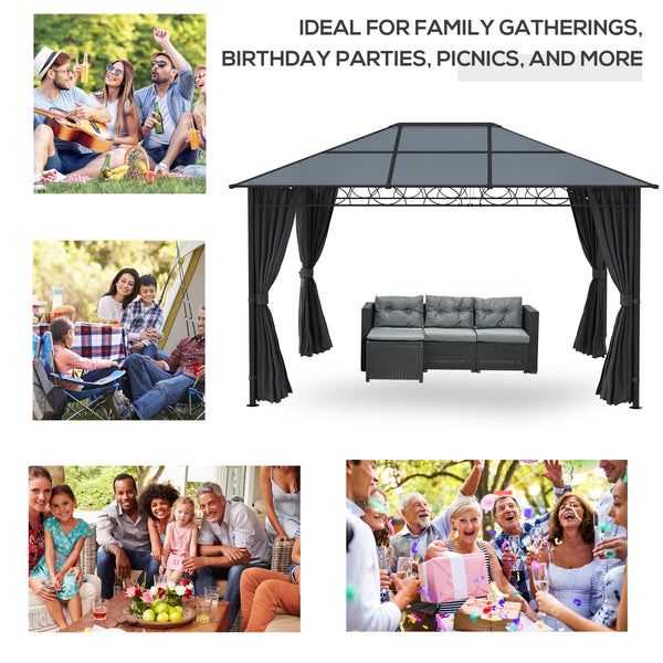 Gazebo de jardin 13' x 10' en polycarbonate rigide, avec cadre en aluminium et rideaux, gris foncé