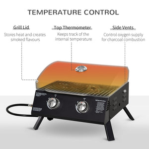 2 Burner Propane Gas Grill, Outdoor Portable Tabletop BBQ with Foldable Legs, 10000 Each Burner, Lid, for Camping, Picnic, Backyard, Black