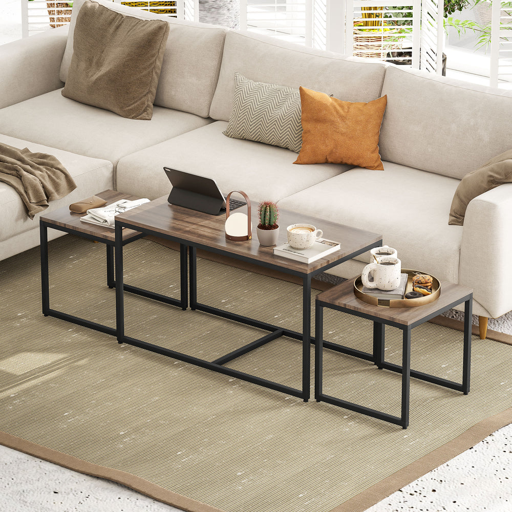 Lot de 3 tables basses gigognes avec cadre en métal, marron