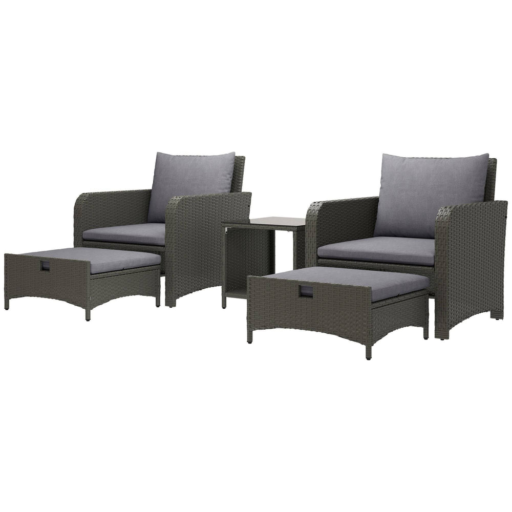 Ensemble de mobilier de jardin 5 pièces en rotin gris avec poufs et table basse à double niveau, pour terrasse ou patio moderne