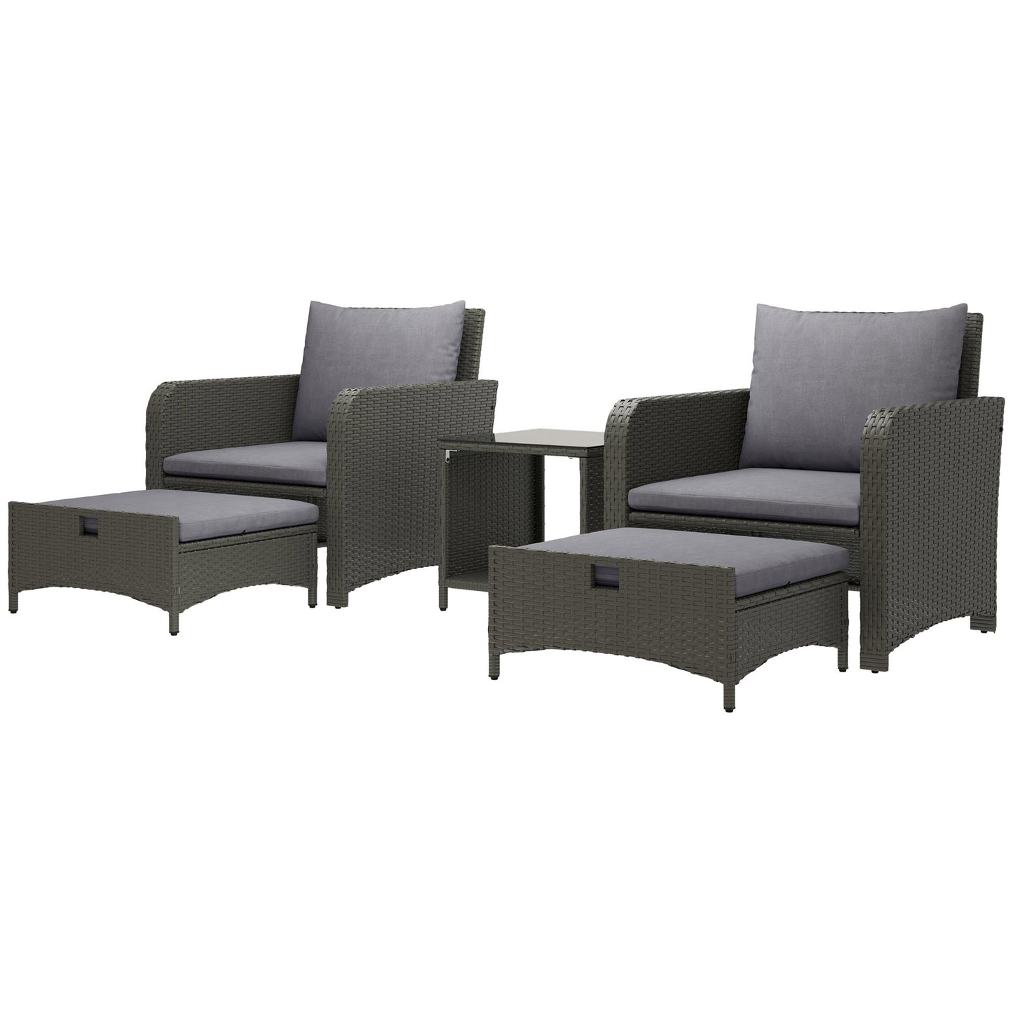 Outsunny 5 Piece Rattan Balcony Furniture Set, Wicker Outdoor Furniture with Two-Tier Coffee Table and Ottomans, Grey