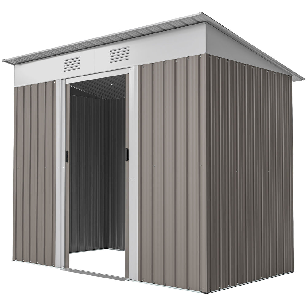 Metal garden shed with lockable sliding doors and ventilation