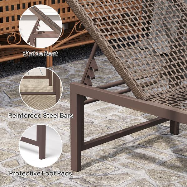 Chaise longue d'extérieur en osier inclinable en rotin avec dossier réglable, marron