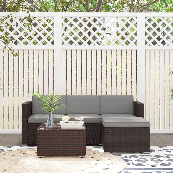 Ensemble de meubles de jardin gris avec canapés d’angle et coussins moelleux, idéal pour terrasse ou patio extérieur