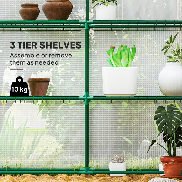 Three-tier garden greenhouse with roll-up door and screened windows