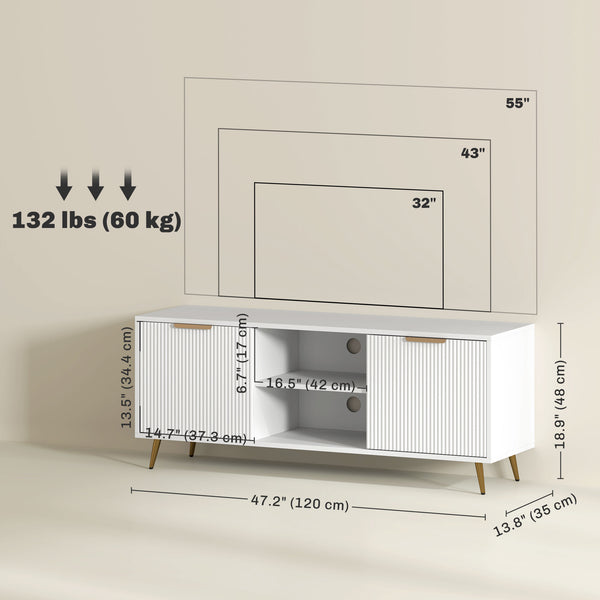 Meuble TV avec rangement pour télé 55 pouces avec 2 étagères ouvertes, blanc