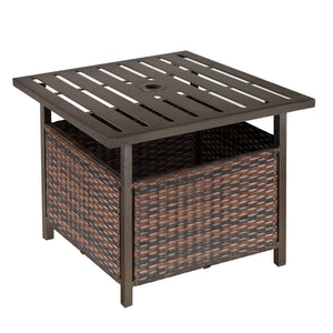 Table basse de patio d'extérieur en rotin tressé avec trou pour parasol, marron