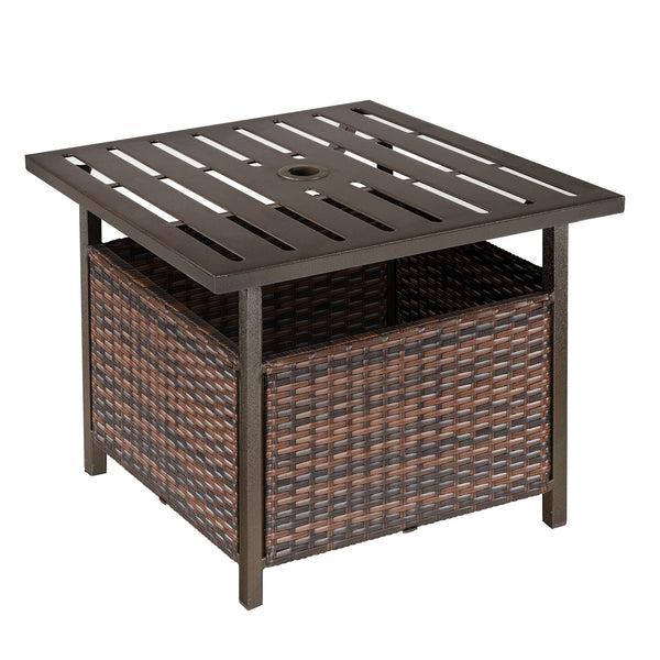 Table basse de patio d'extérieur en rotin tressé avec trou pour parasol, marron