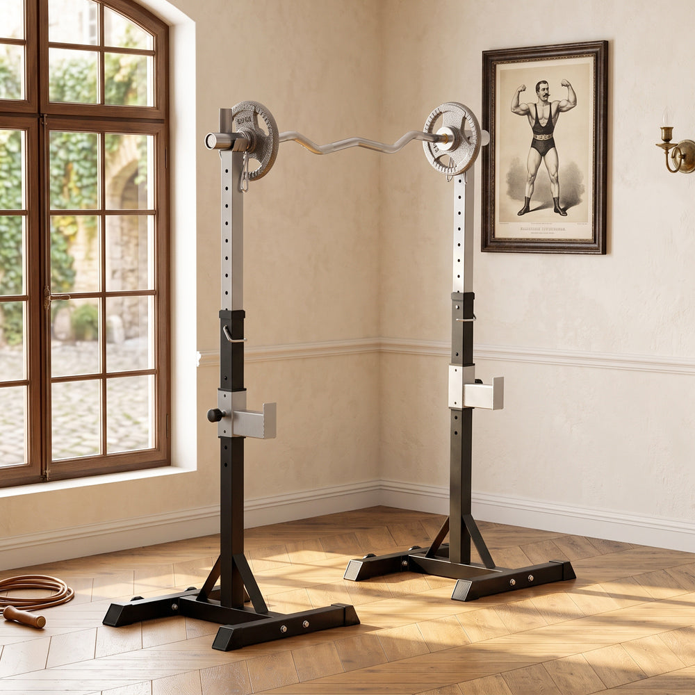 Support à barre réglable pour squat et développé couché, ensemble de 2 – Noir
