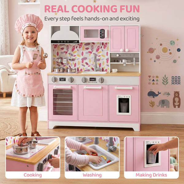 Cuisine de jeu pour enfant avec machine à café, distributeur de glaçons et accessoires, rose