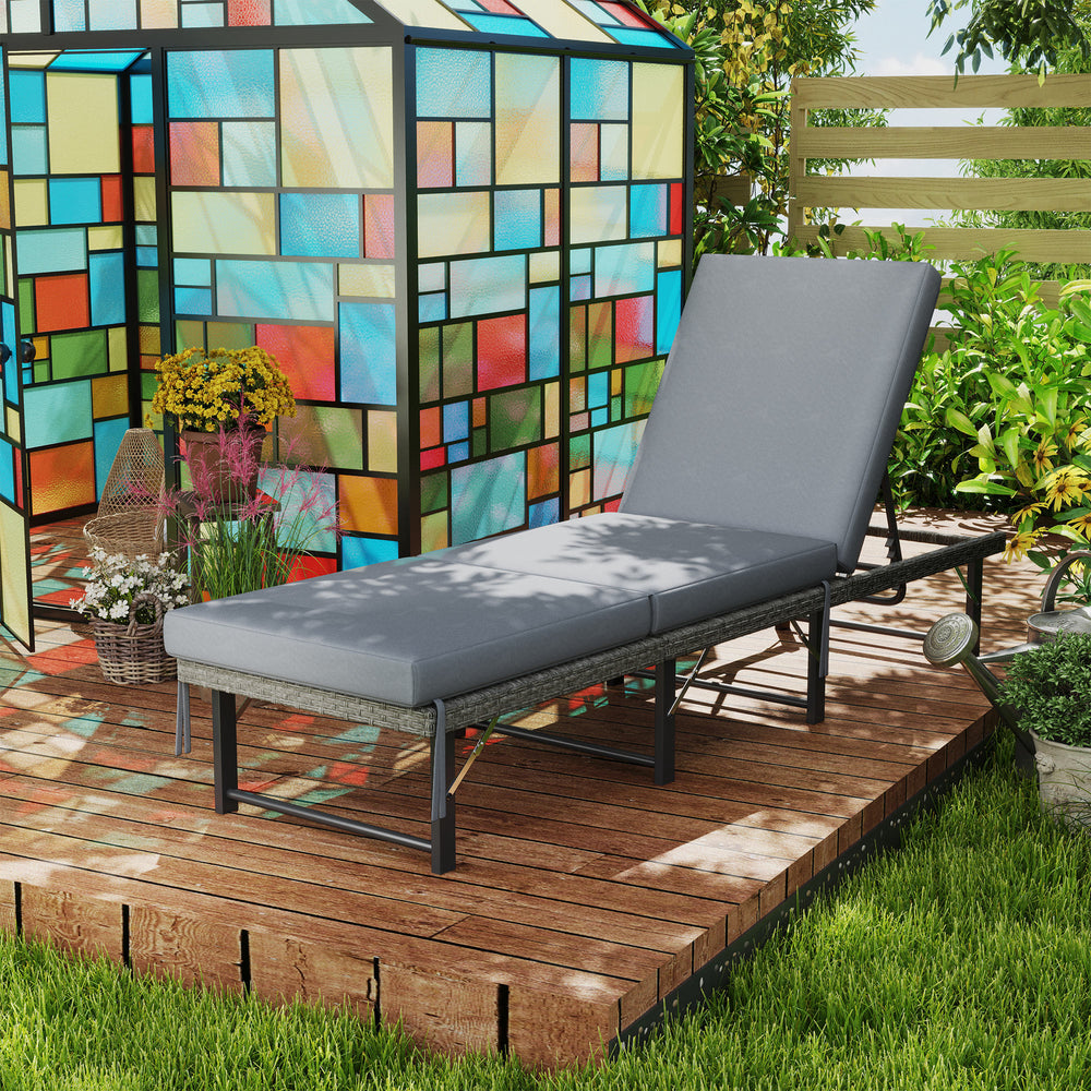 Folding Outdoor Lounge Chair, Wicker Chaise Lounge Tanning Chair with Cushion for Beach, Poolside, Garden, Grey