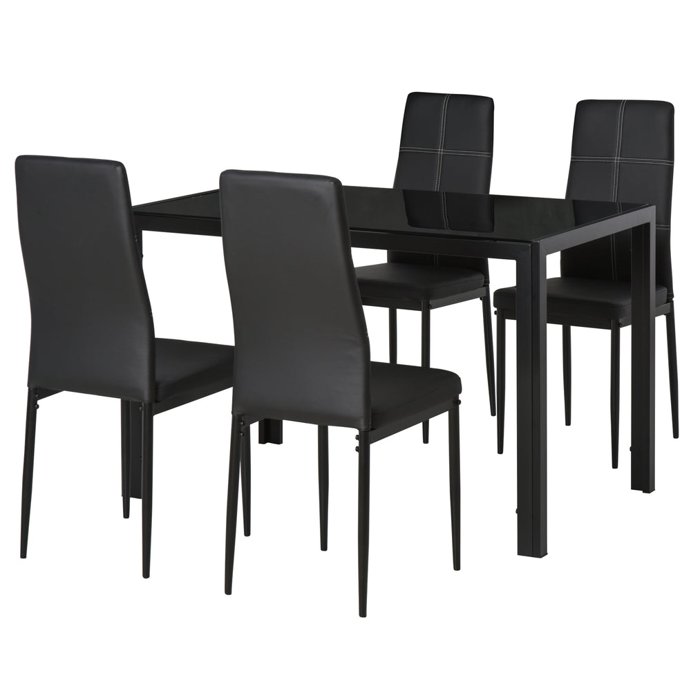 Ensemble de tables et chaises de cuisine rectangulaires en verre avec structure en métal et revêtement en similicuir pour salle à manger, noir
