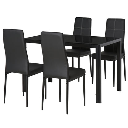 HOMCOM 5 Piece Rectangular Glass Kitchen Table and Chair Set with Metal Frame and Faux Leather Upholstery for Dining Room, Black 