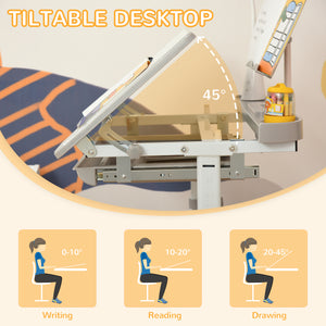 Ensemble bureau et chaise réglable en hauteur avec plateau inclinable, gris