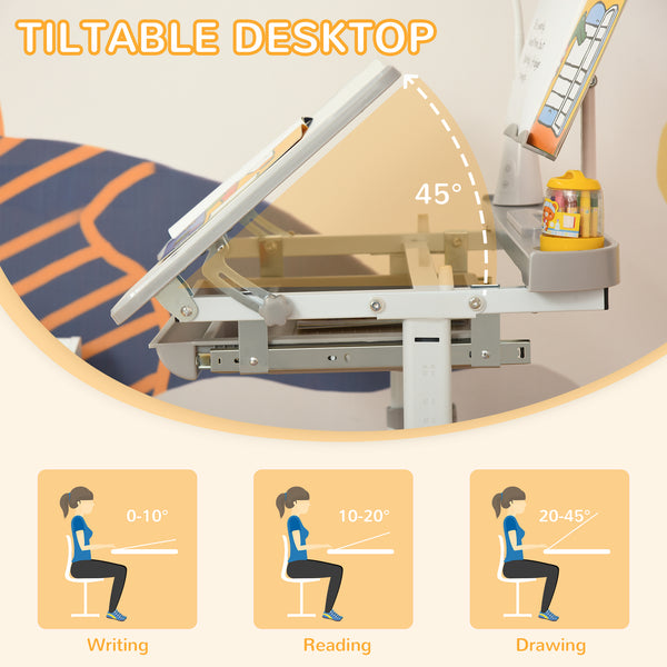 Ensemble bureau et chaise réglable en hauteur avec plateau inclinable, gris