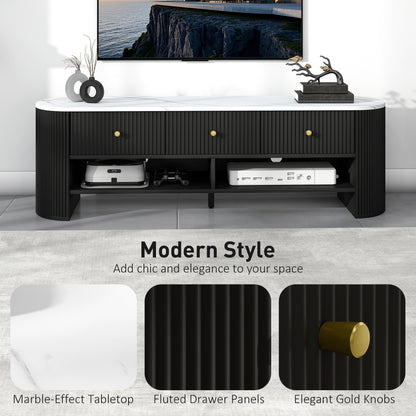 Meuble TV moderne avec plateau effet marbre, 3 tiroirs et 2 étagères ouvertes pour téléviseur de 32 à 65 pouces, noir
