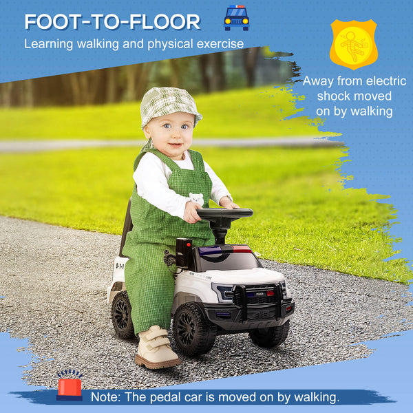 Kids' Sliding Police Car with Hidden Underseat Storage, Megaphone, Removable Backrest, White