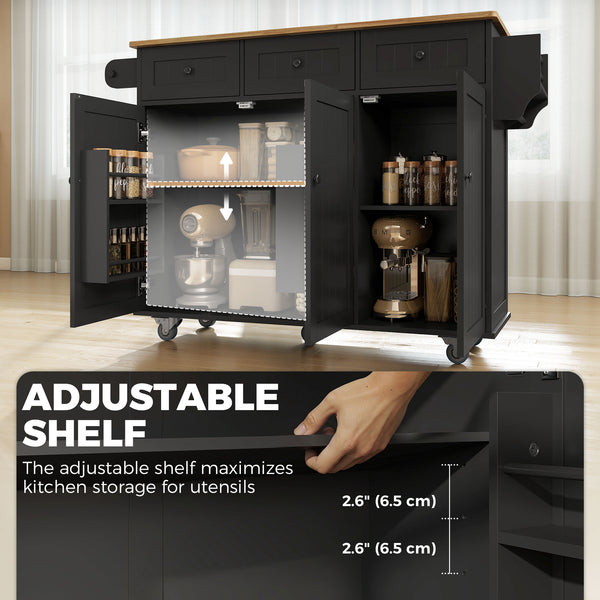 Îlot de cuisine mobile avec abattant, rangement et station de recharge – Noir et chêne