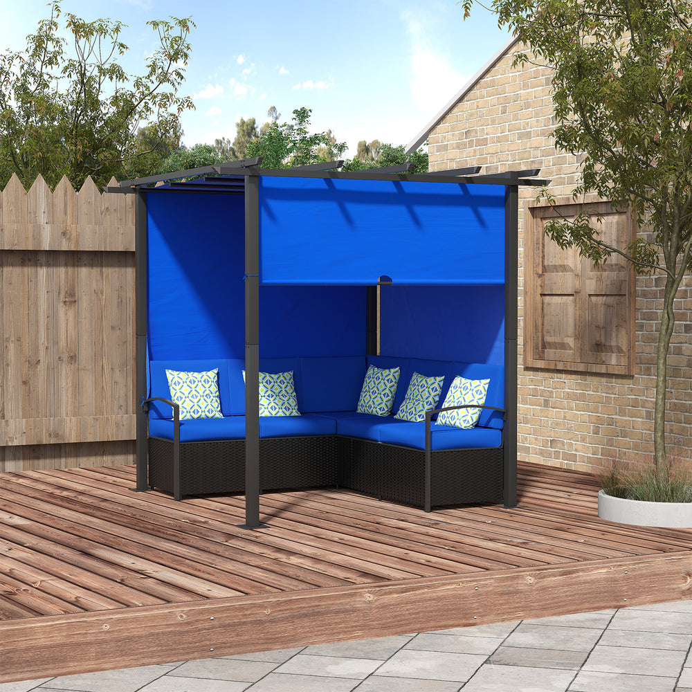 Ensemble de mobilier de jardin en résine tressée avec pergola rétractable, bleu