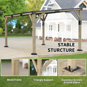 Pergola 14' x 10' en acier galvanisé avec toit rigide et structure en bois, auvent de terrasse, gris foncé