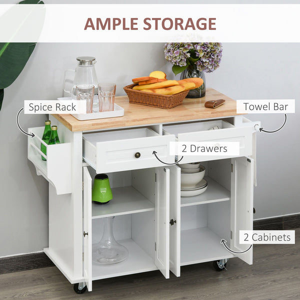 Îlot de cuisine avec rangements en bois d'hévéa, étagère à épices, porte-serviettes