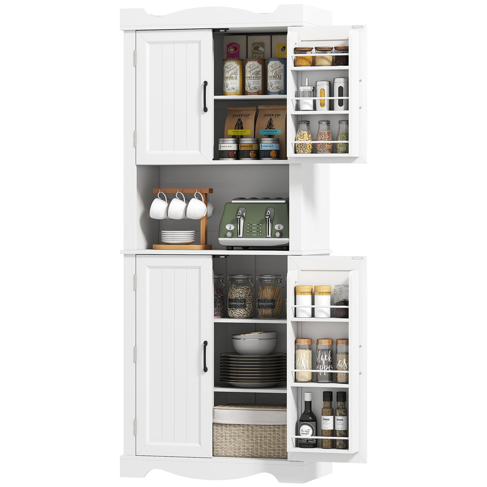 Meuble de rangement avec 12 étagères de porte et support pour micro-ondes, blanc