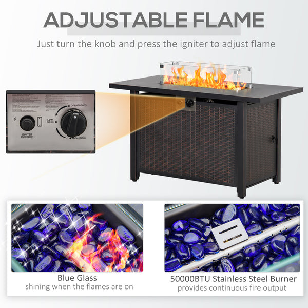43" Outdoor Propane Gas Fire Pit Table, Wicker Patio Gas Firepit w/ Glass Wind Guard, 50,000 BTU CSA Certified Bronze