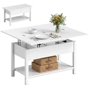 Table basse relevable extensible avec double plateau et rangement intégré, blanc