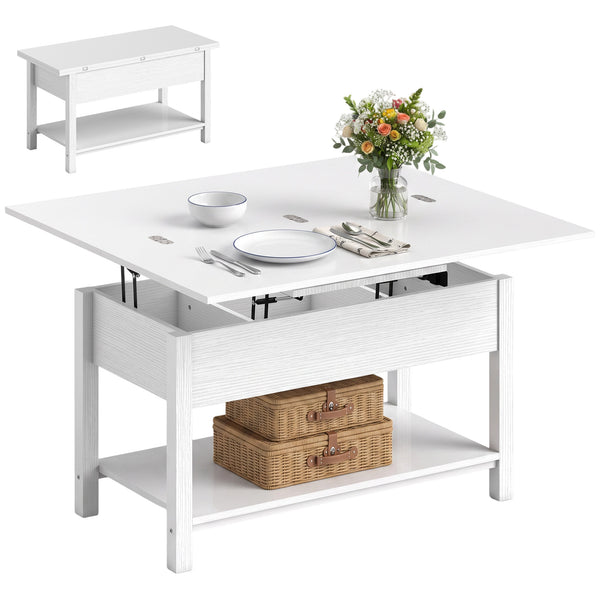 Table basse relevable extensible avec double plateau et rangement intégré, blanc