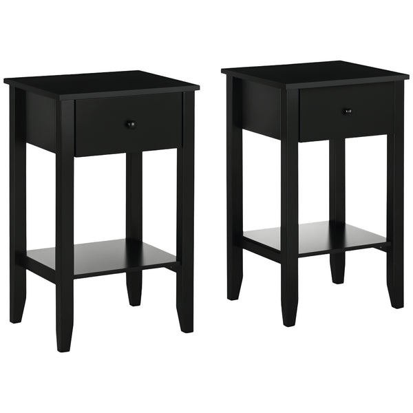 Lot de 2 tables d'appoint avec tiroir et étagère inférieure, noir