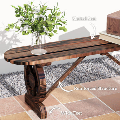 Banc de jardin en bois avec pieds en forme de roue de chariot, carbonisé