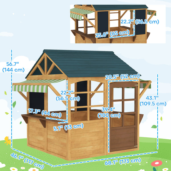 Cabane de jeu d'extérieur pliable en bois avec porte fonctionnelle, protection contre la pluie, tableaux noirs, marron