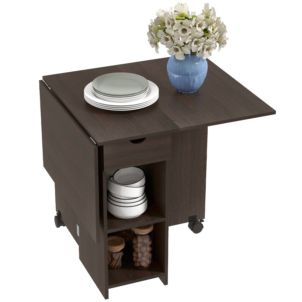 Table à manger pliante avec tiroir et étagères de rangement marron foncé