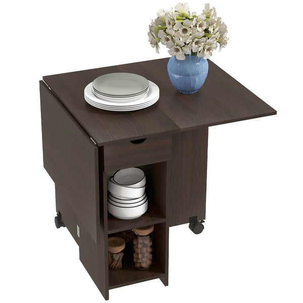 Table à manger pliante avec tiroir et étagères de rangement marron foncé