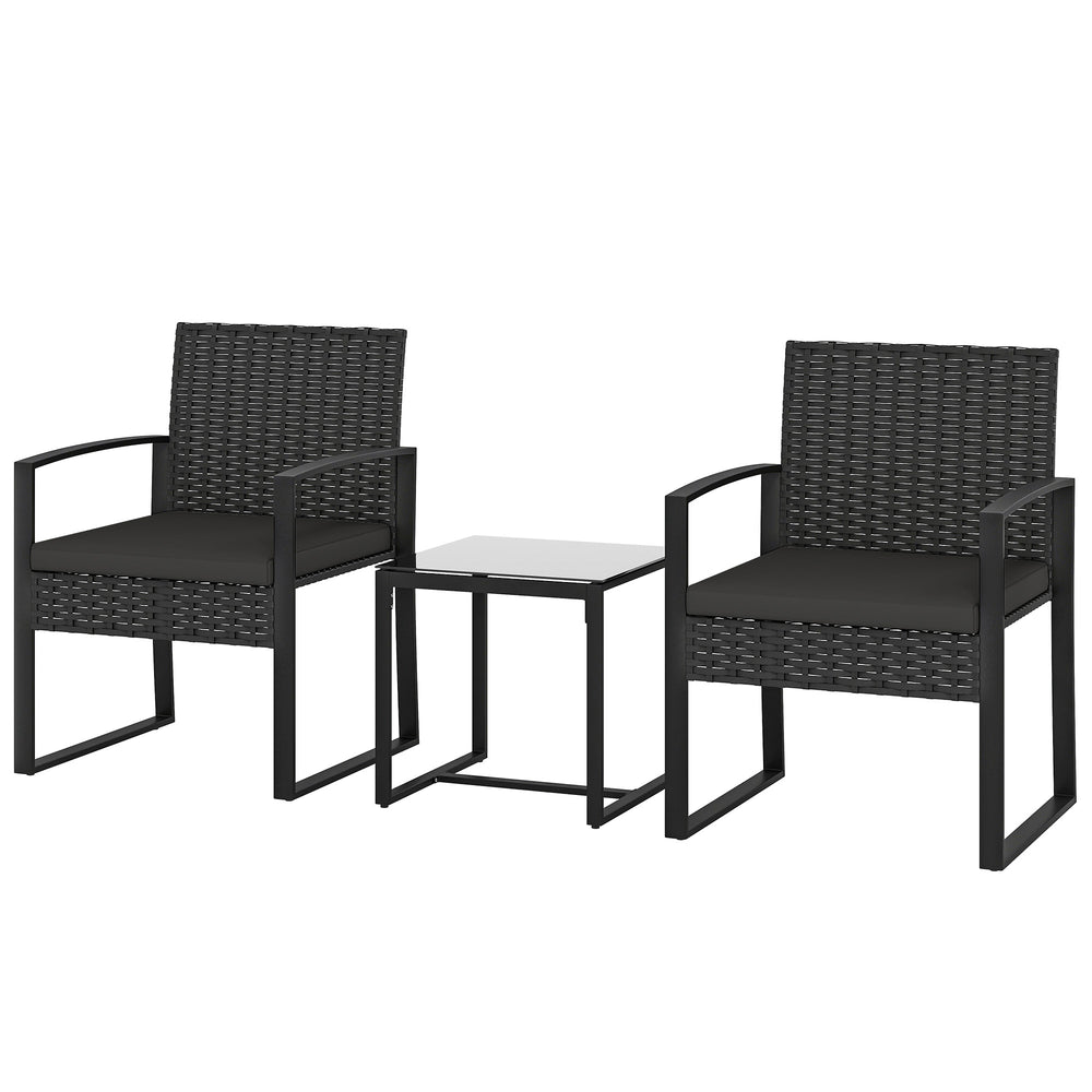 Outdoor Bistro Set, 3 Piece Wicker Patio Furniture Set with Glass Top Table and Cushions for Porch, Balcony, Black