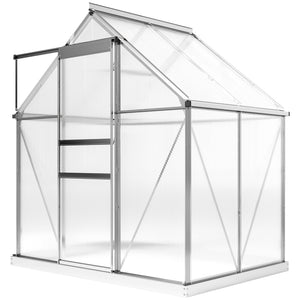 Polycarbonate greenhouse with adjustable roof ventilation, base, sliding door, transparent