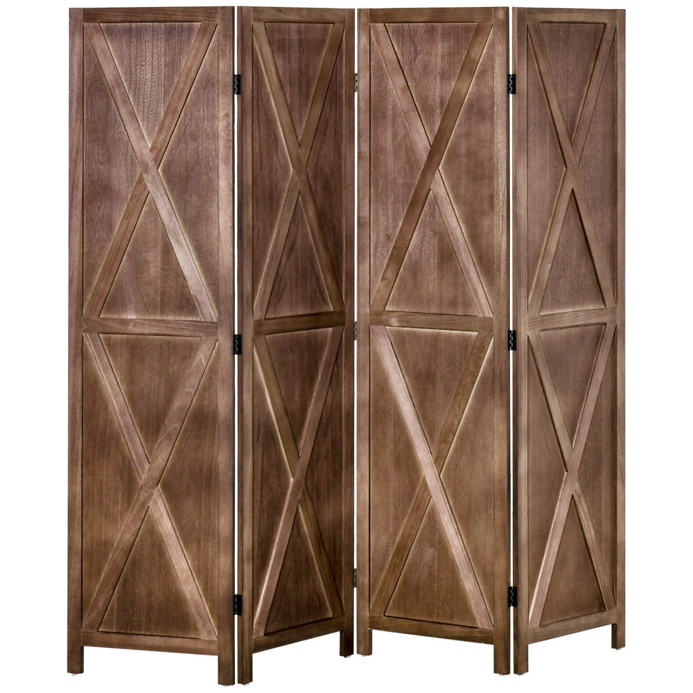 Cloison de séparation 4 panneaux style campagnard avec cadre en bois pliable, noyer