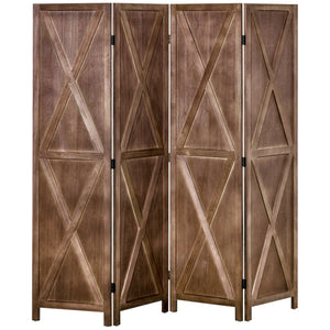 Cloison de séparation 4 panneaux style campagnard avec cadre en bois pliable, noyer