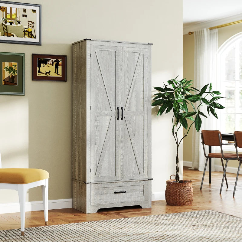 Armoire de cuisine style campagnard avec étagères réglables, armoire de cuisine à 2 portes, gris clair vieilli