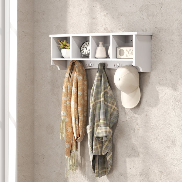 Porte-manteau mural avec étagère, 71 cm, 5 crochets et 4 compartiments, pour salon, entrée, blanc